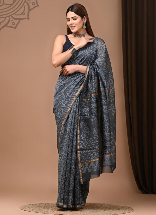 Chanderi Silk Grey Festival Wear Printed Saree